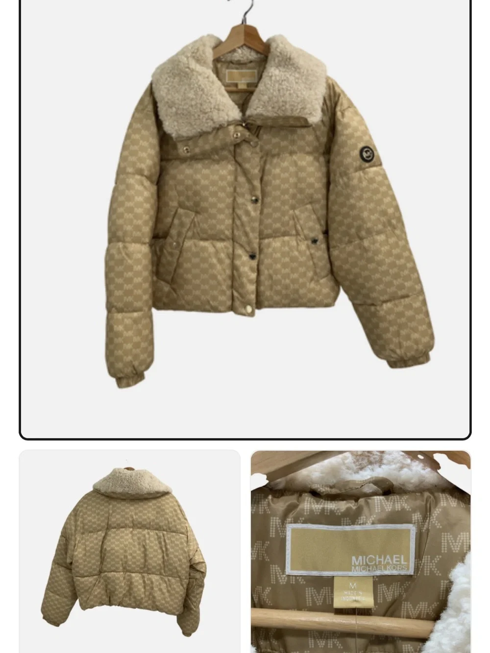 Firm PRICE. Michael Kors Beige Logo-Print Sherpa Collar Puffer Jacket